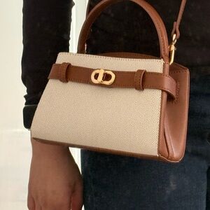 Charles & Keith Beige Canvas Satchel with Brown Leather Trim